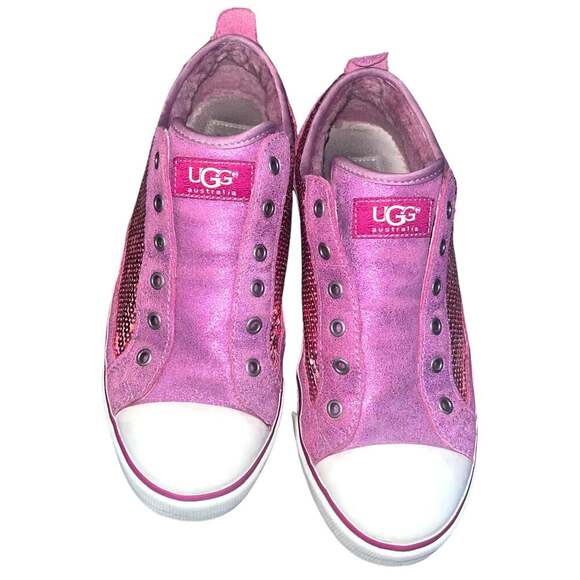 Ugg Laela Sparkles Sequined & Leather Sparkly Sneakers Neon Hot Pink - Picture 3 of 4